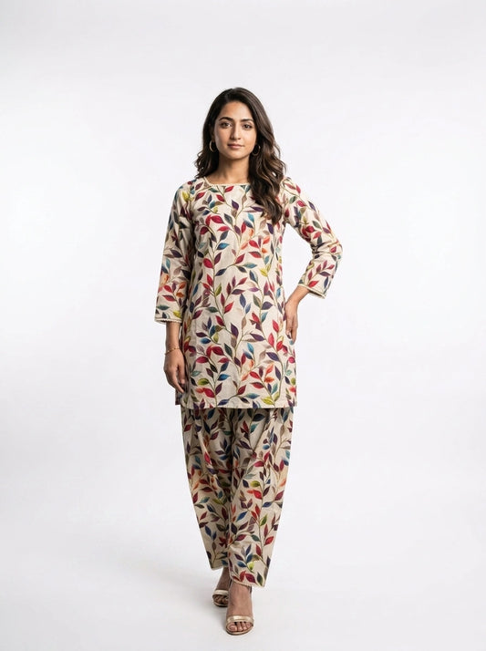 Multicolor Leaf Print Co-Ord Set - 0059