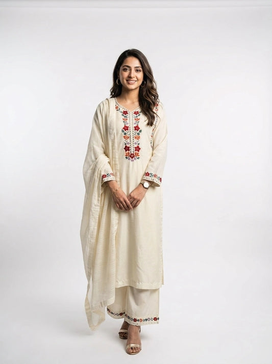 3 Piece - Cambric self lawn machine embroidery and sheesha work dress - 0013