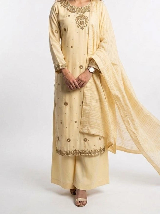 3 Piece - Malai silk hand embroidered suit - 0014