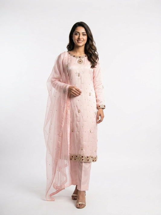 3 Piece - Pure silk hand embroidered suit - 0015