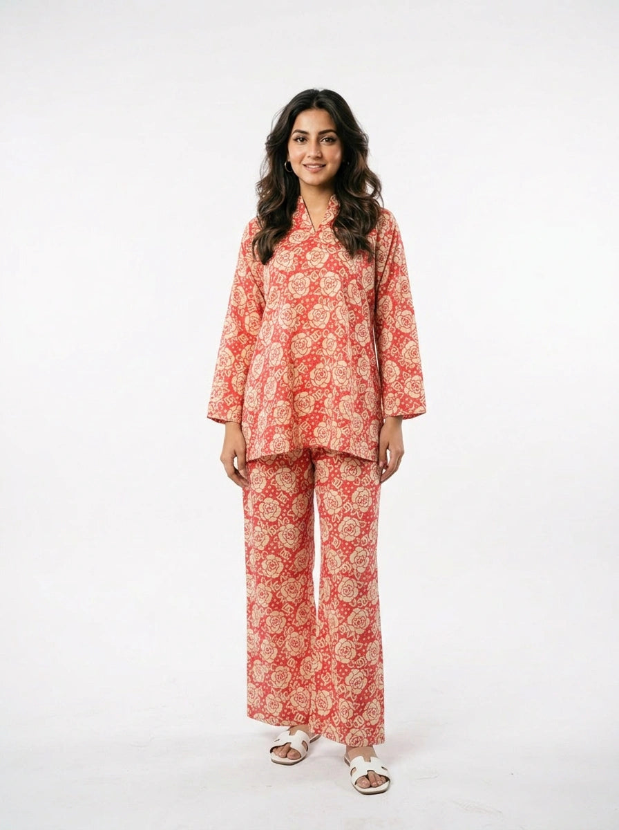 Peach Floral Lounge Co-Ord Set  - 0053