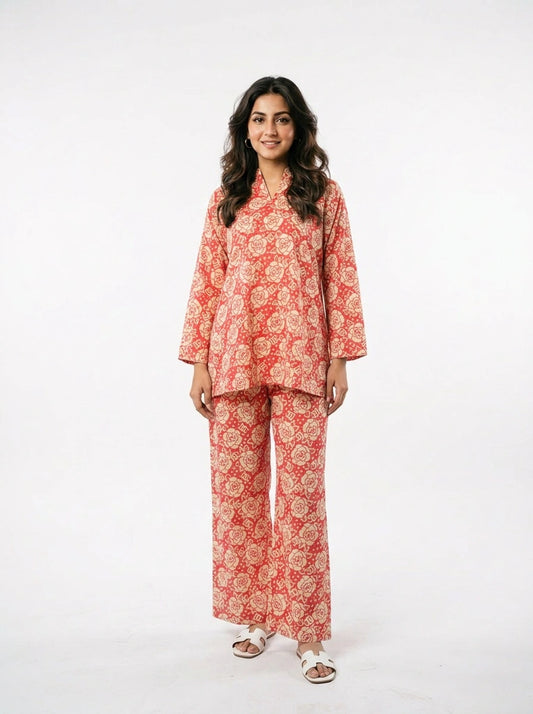 Peach Floral Lounge Co-Ord Set  - 0053