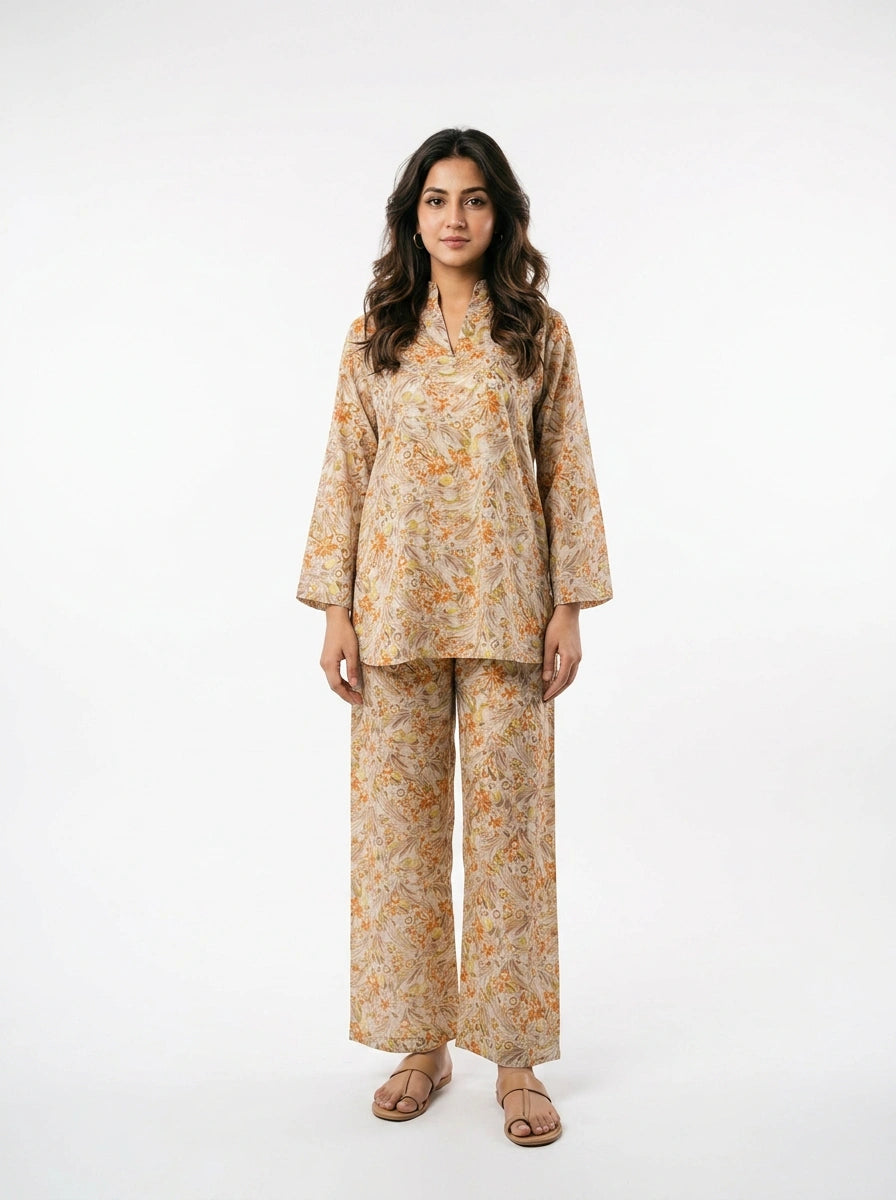 Beige Paisley Floral Co-Ord Set  - 0054