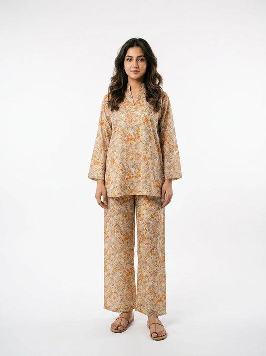 Beige Paisley Floral Co-Ord Set  - 0054