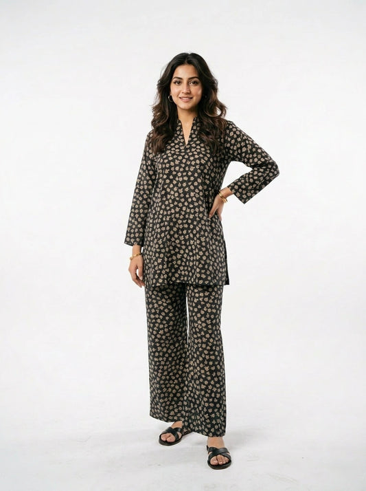 Black Buti Print Co-Ord Set  - 0055