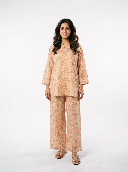 Peach Floral Print Co-Ord Set - 0056