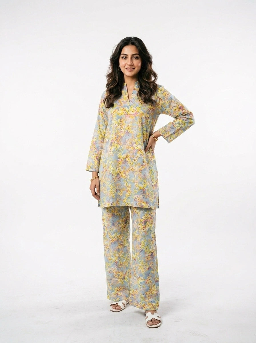 Blue & Yellow Floral Print Co-Ord Set - 0057