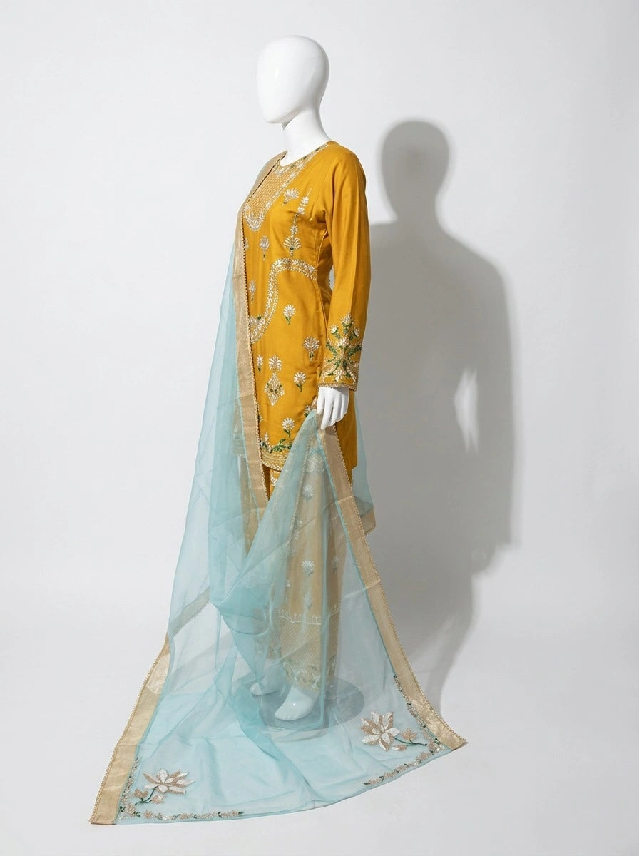 3 Piece - Pure Raw silk suit with Ari work  - 0017