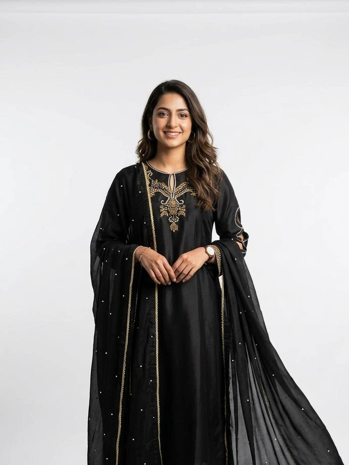 3 Piece - Butter Silk hand embroidered dress  - 0004
