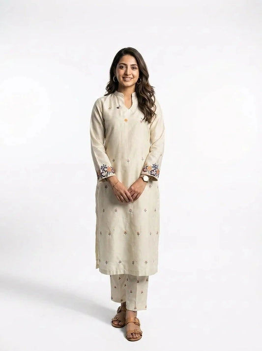3 Piece - Cambric self lawn machine embroidered dress - 0010