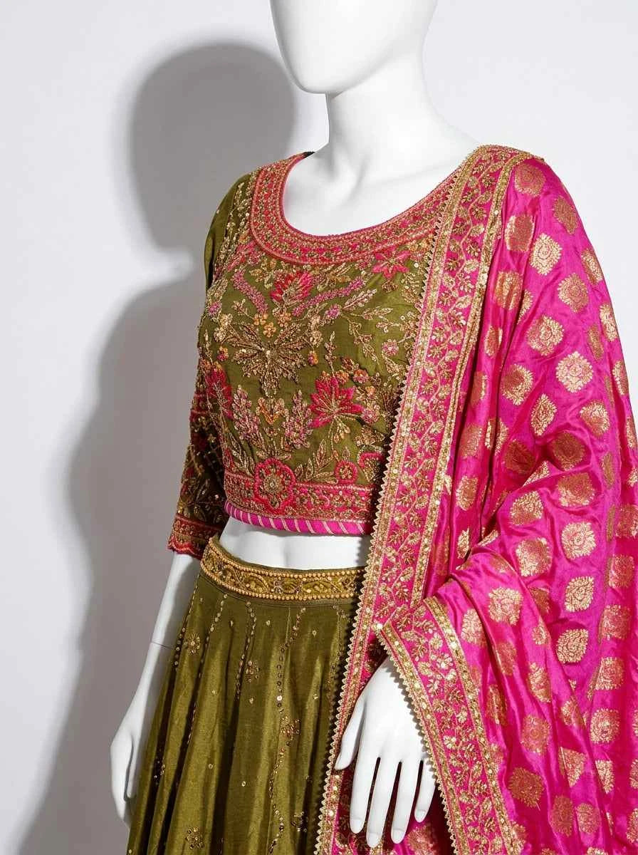 3 Piece - Pure Raw silk lahenga choli - 0019