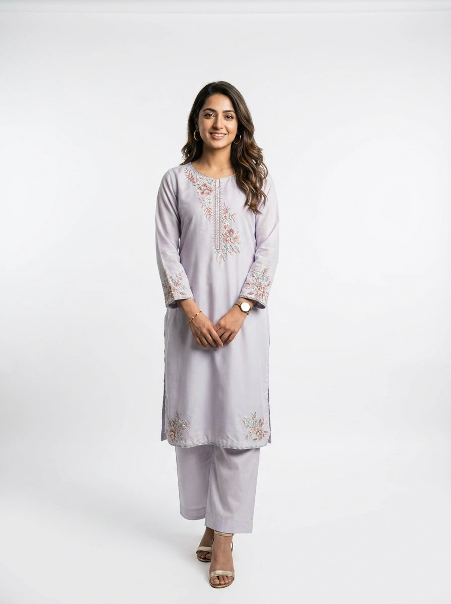 3 Piece - Malai silk machine embroidered with cutdana touching  - 0003