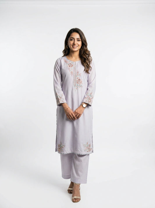3 Piece - Malai silk machine embroidered with cutdana touching  - 0003
