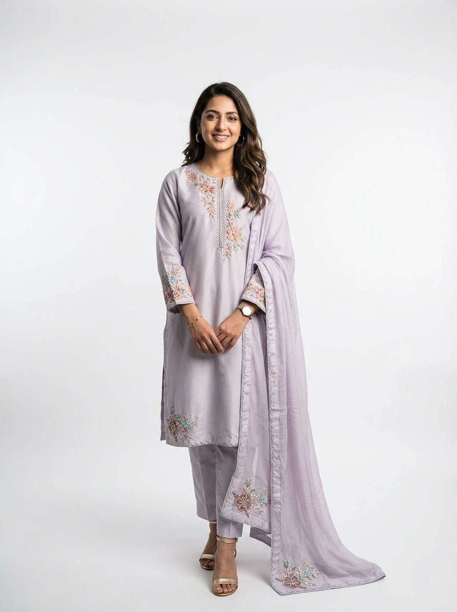 3 Piece - Malai silk machine embroidered with cutdana touching  - 0003