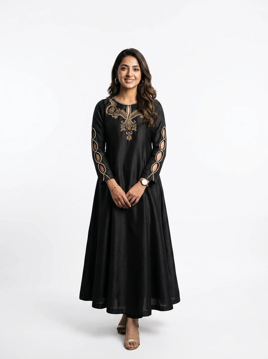 3 Piece - Butter Silk hand embroidered dress  - 0004