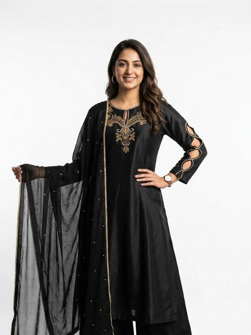 3 Piece - Butter Silk hand embroidered dress  - 0004