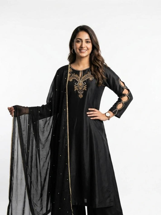 3 Piece - Butter Silk hand embroidered dress  - 0004