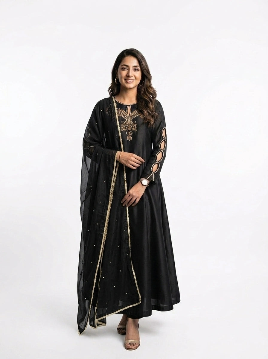 3 Piece - Butter Silk hand embroidered dress  - 0004