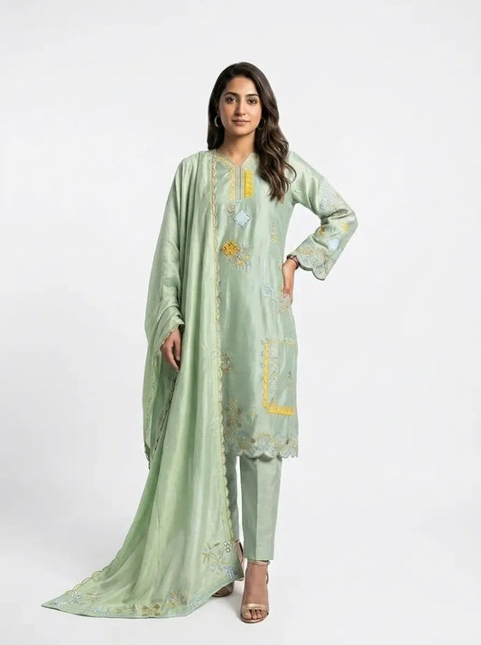 3 Piece - Sheesha silk machine embroidered  - 0007