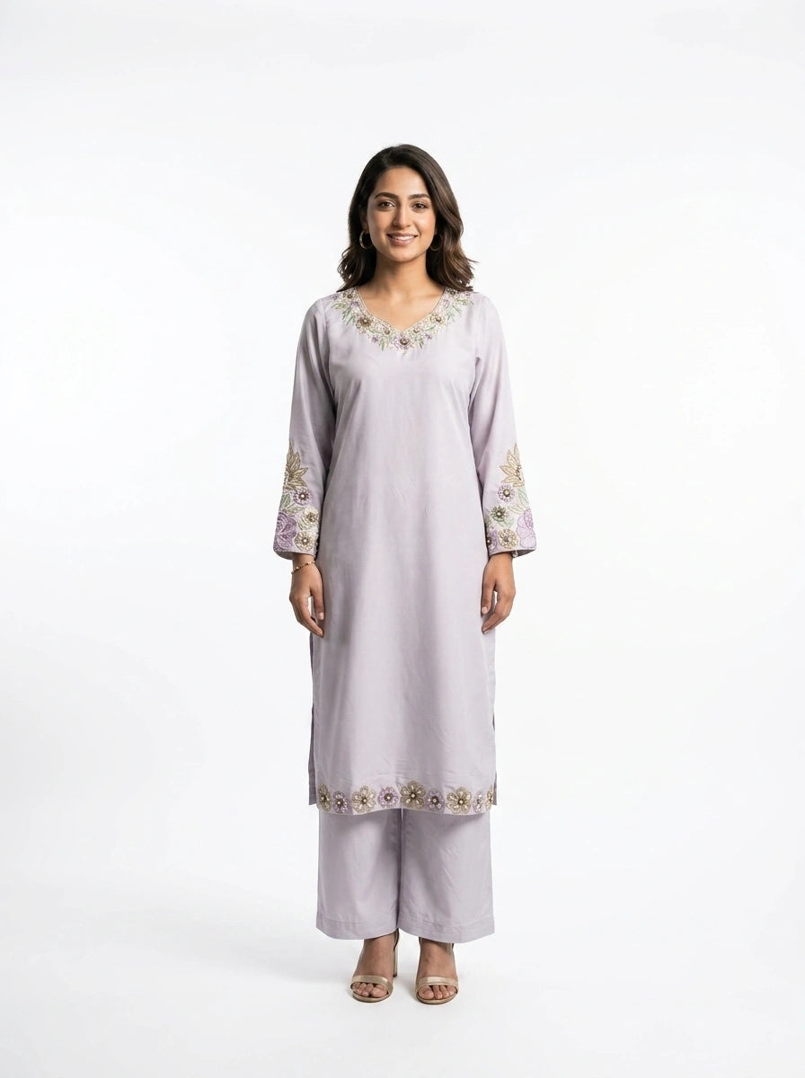 3 Piece - Malai silk machine embroidered with cutdana touching  - 0011