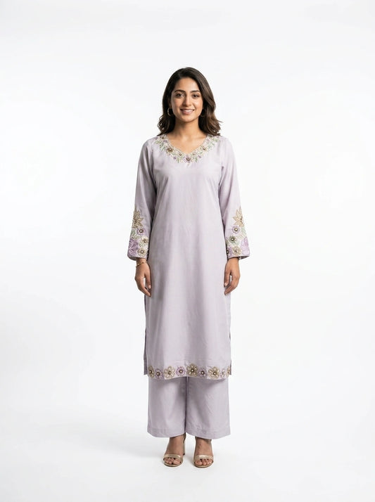 3 Piece - Malai silk machine embroidered with cutdana touching  - 0011