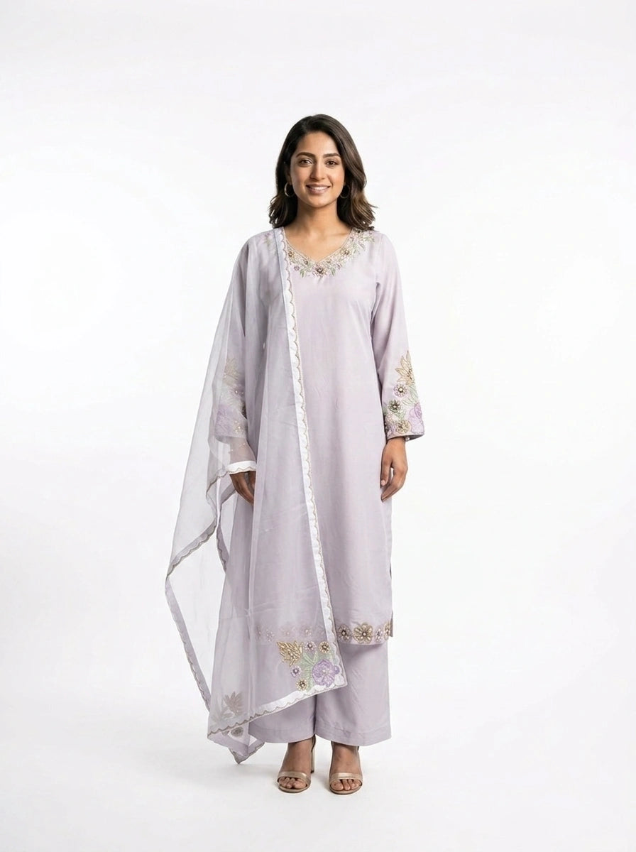 3 Piece - Malai silk machine embroidered with cutdana touching  - 0011