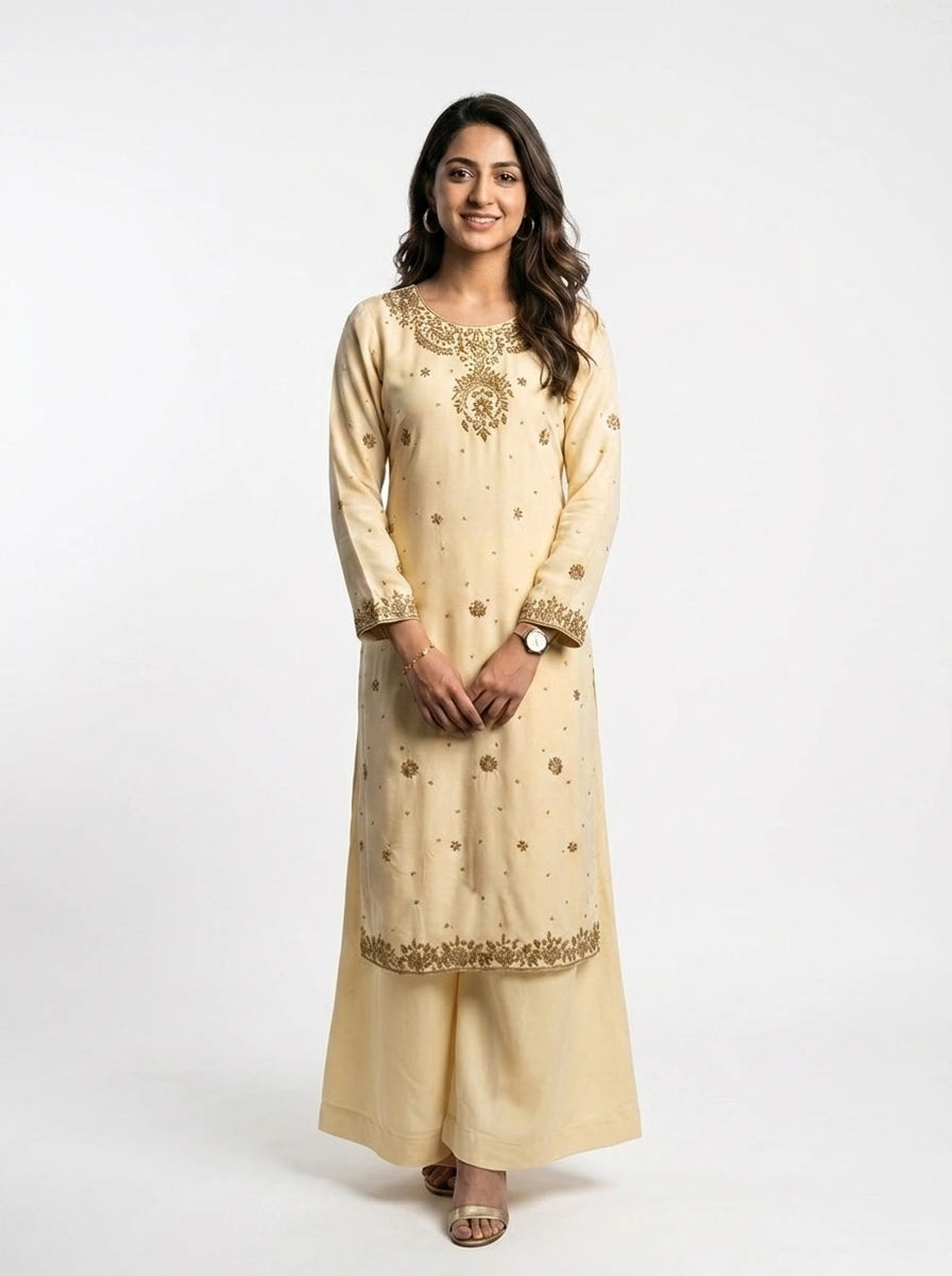 3 Piece - Malai silk hand embroidered suit - 0014