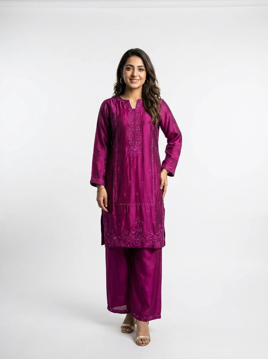 3 Piece - Shesha silk machine embroidered with cutdana touching - 0016