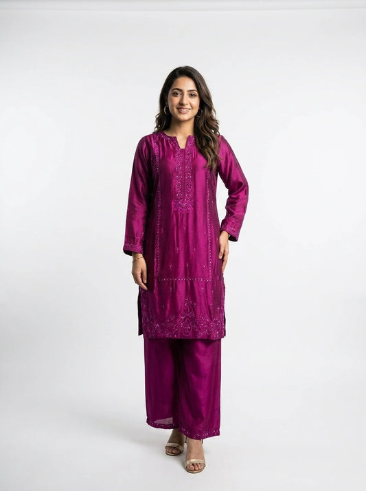 3 Piece - Shesha silk machine embroidered with cutdana touching - 0016