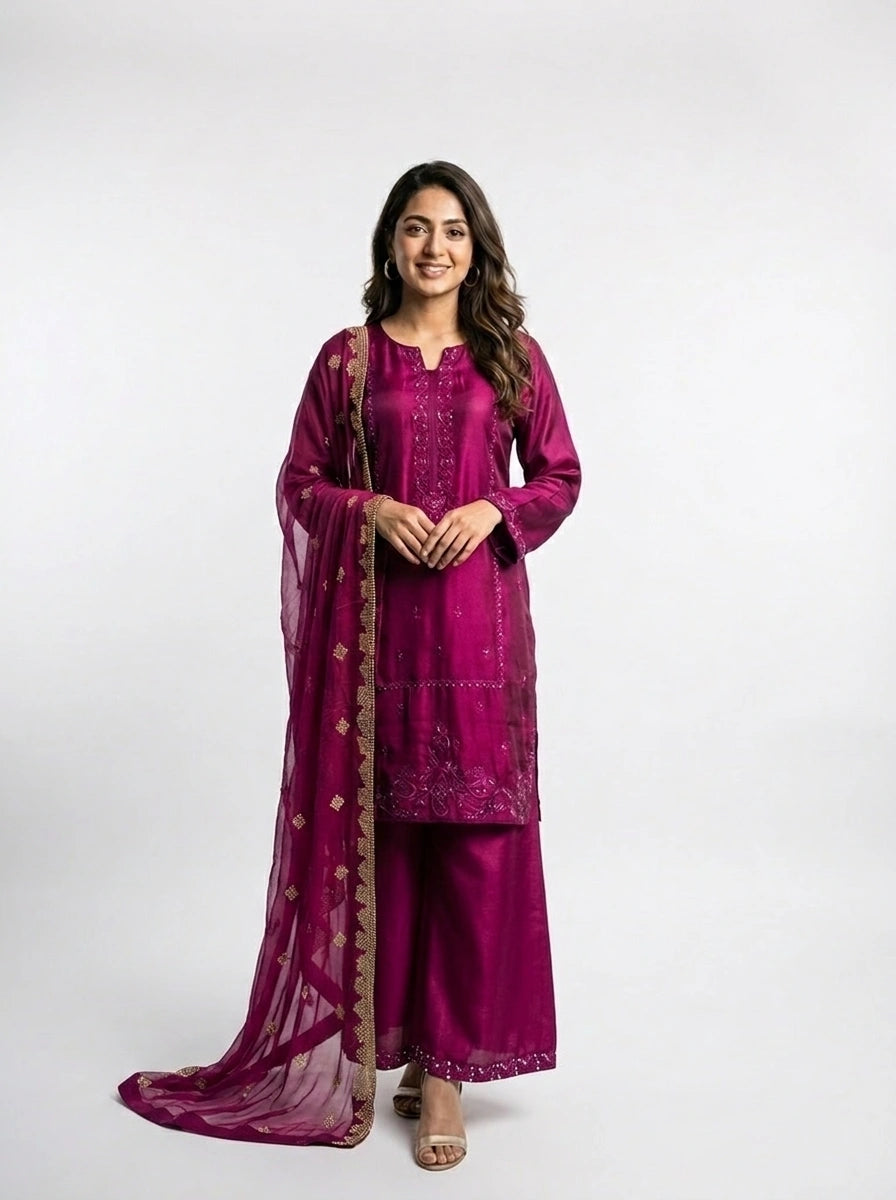 3 Piece - Shesha silk machine embroidered with cutdana touching - 0016