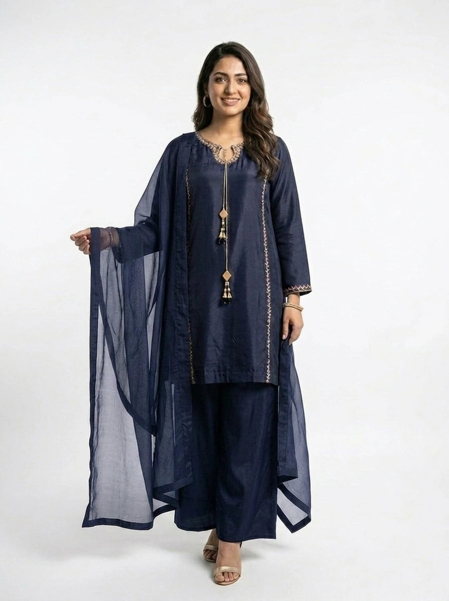3 Piece - Sheesha silk hand embroidered - 0009