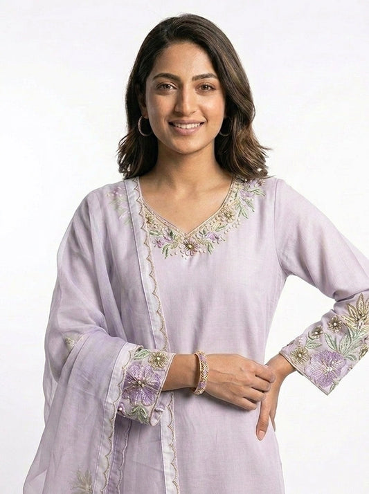 3 Piece - Malai silk machine embroidered with cutdana touching  - 0011