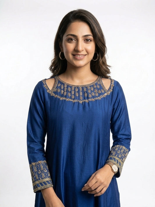 3 Piece - Butter Silk hand embroidered dress  - 0039