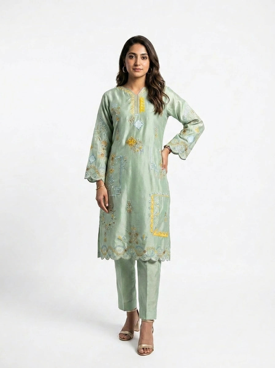 3 Piece - Sheesha silk machine embroidered  - 0007