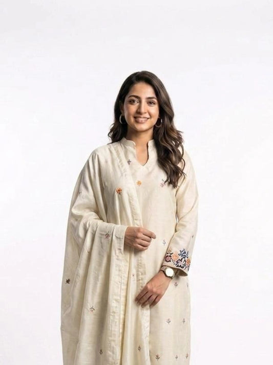 3 Piece - Cambric self lawn machine embroidered dress - 0010