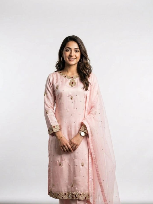 3 Piece - Pure silk hand embroidered suit - 0015