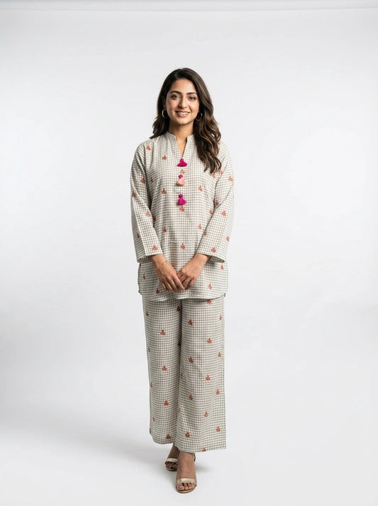 White Checkered Co-Ord Set - 0063